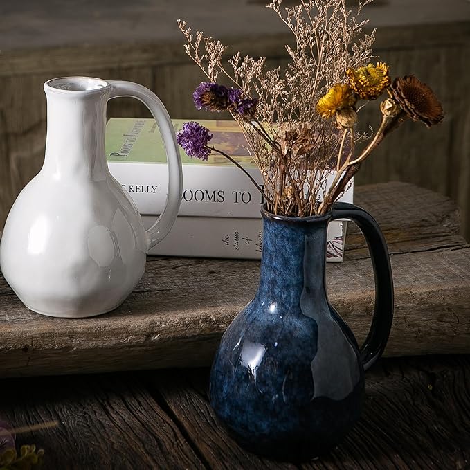 Blue Ceramic Vase with Big Handles, Modern Farmhouse Decor, Rustic Pottery for Flowers, Decorative Terracotta Centerpiece for Dining Table-VerdiqueGarden