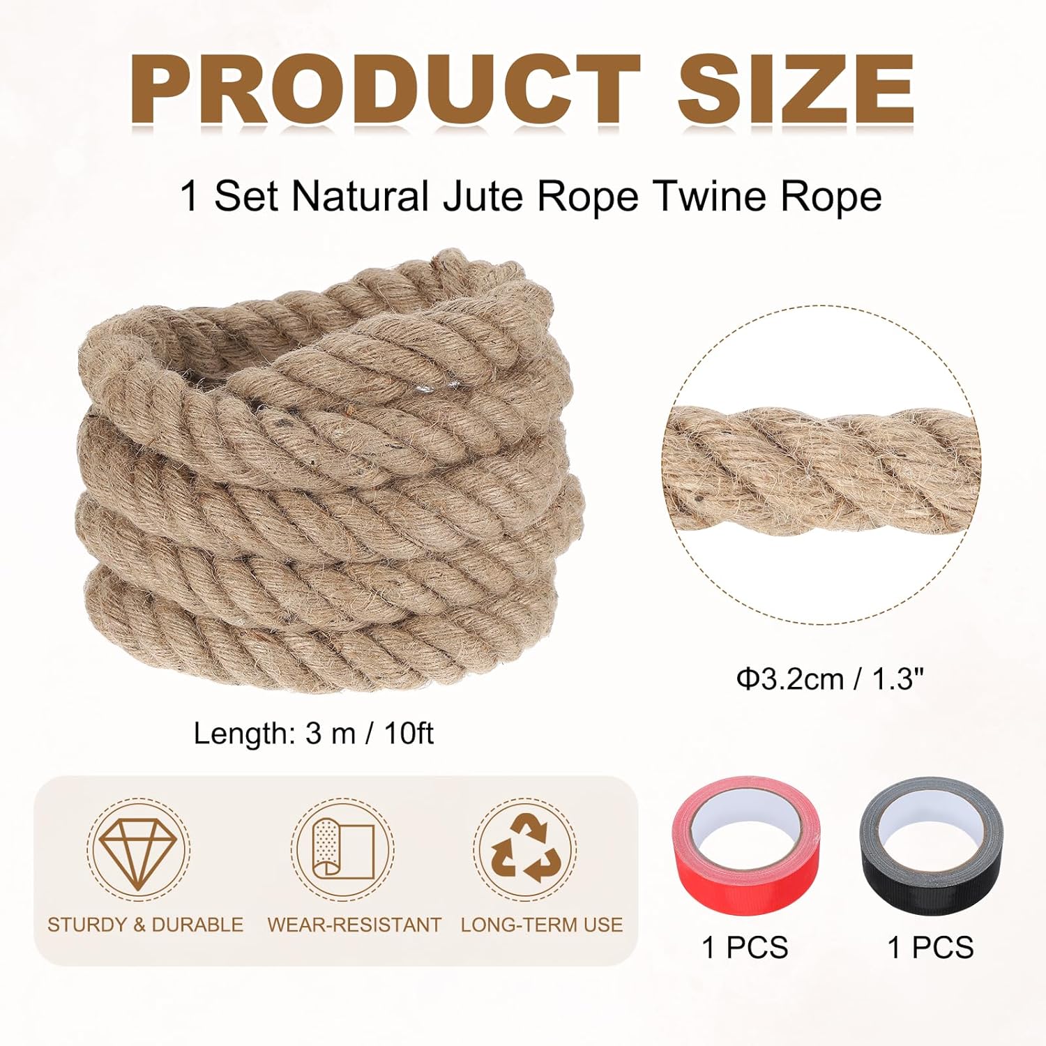 MECCANIXITY Jute Rope 1.3 Inch x 10ft, Thick Twine Rope Ropes Braided Jute Twine Natural Brown Burlap Cord String Heavy Twisted with Tapes for Decorative Crafts Railing Swing Tug of War-VerdiqueGarden