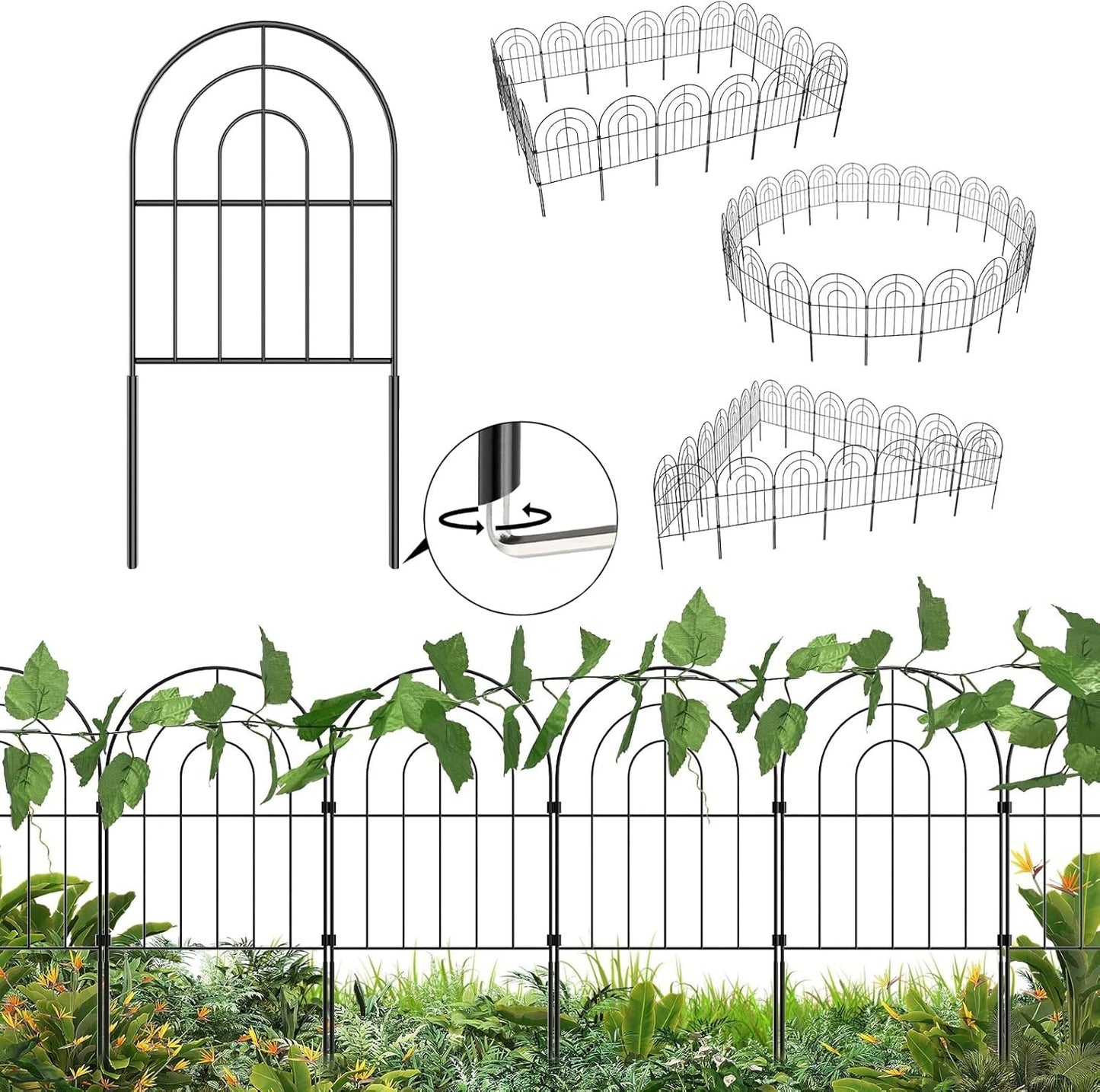 Decorative Garden Fence 20 Pack, Total 20ft(L) x 24in (H) No Dig Rustproof Metal Wire Fencing Border Animal Barrier, Flower Edging for Landscape Patio Yard Outdoor Decor, with 32ft Leaves-VerdiqueGarden