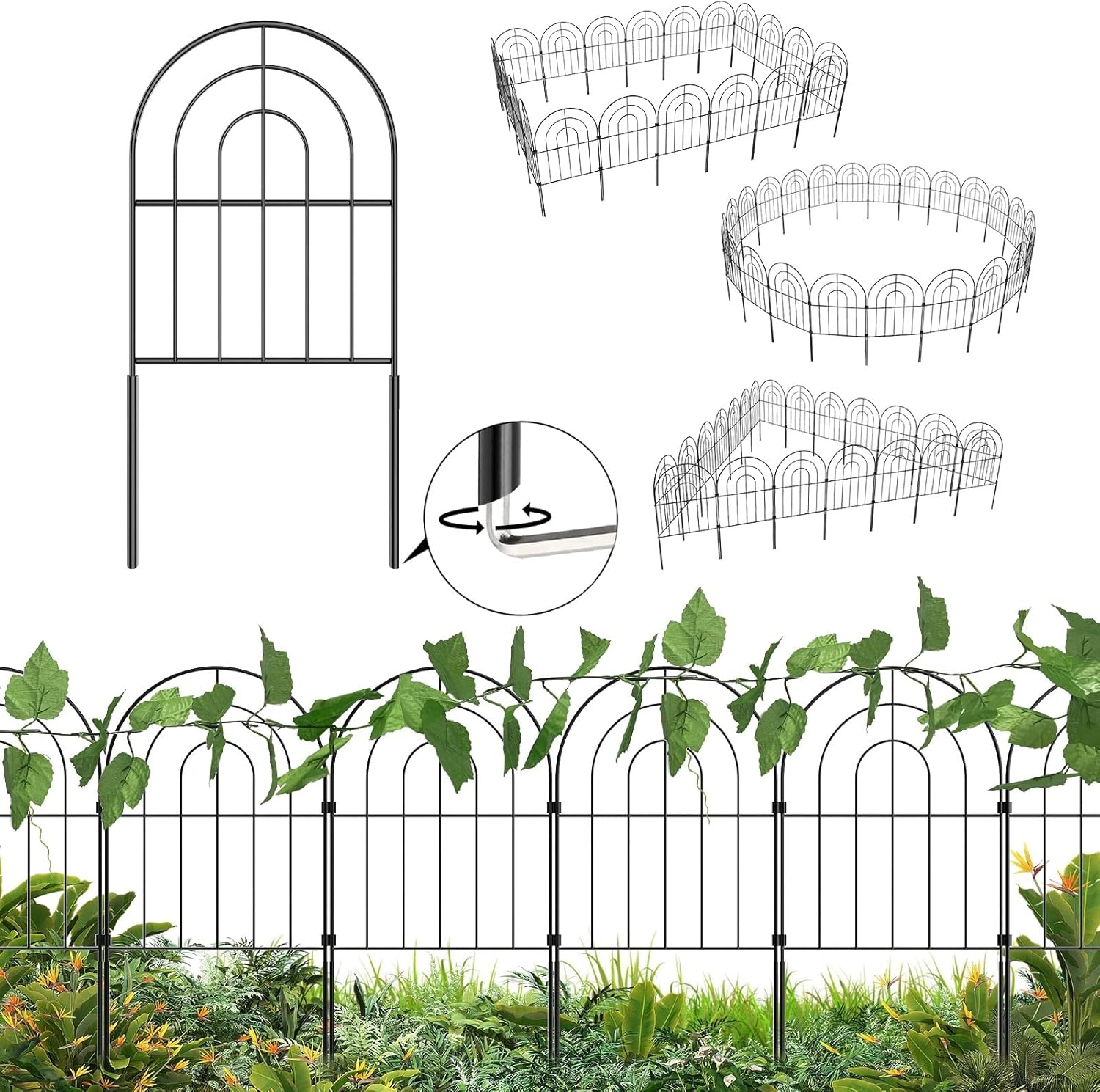 Decorative Garden Fence 20 Pack, Total 20ft(L) x 24in (H) No Dig Rustproof Metal Wire Fencing Border Animal Barrier, Flower Edging for Landscape Patio Yard Outdoor Decor, with 32ft Leaves-VerdiqueGarden