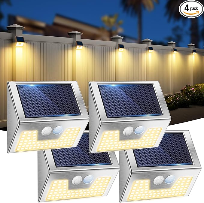 4 Pack Solar Lights Outdoor Motion Sensor, Waterproof Fence Lights 3 Lighting Mode, Warm White LED Outside Light Wireless for Fence Wall Yard Steps Stairs Garden -Stainless Steel-VerdiqueGarden