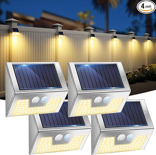 4 Pack Solar Lights Outdoor Motion Sensor, Waterproof Fence Lights 3 Lighting Mode, Warm White LED Outside Light Wireless for Fence Wall Yard Steps Stairs Garden -Stainless Steel-VerdiqueGarden