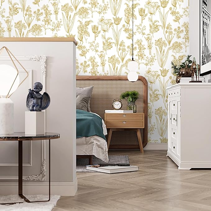 Dimoon 393"x17.3" Floral Wallpaper Peel and Stick Flowers Golden White Contact Paper Thicken Waterproof Modern Self Adhesive Plants Wallpaper Removable Wall Paper Shelf Vinyl Roll-VerdiqueGarden