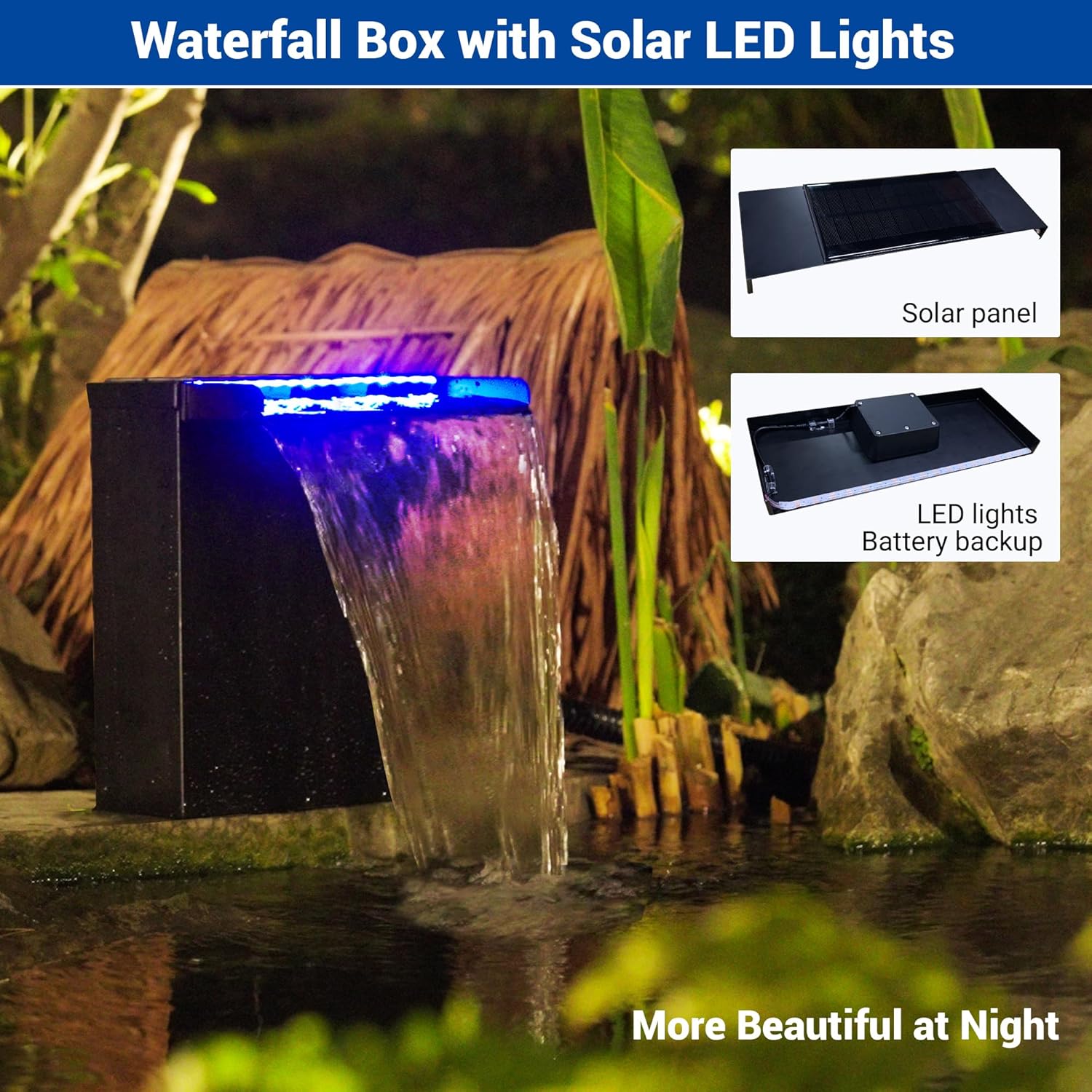 NFESOLAR Pond Waterfall Spillway with Pump Kit, Large 11.8" W 13.4" H Capacity Stainless Pond Waterfall Box with Filtration, LED Lights for Garden Outdoor Pond up to 2000 Gallons N4313-VerdiqueGarden