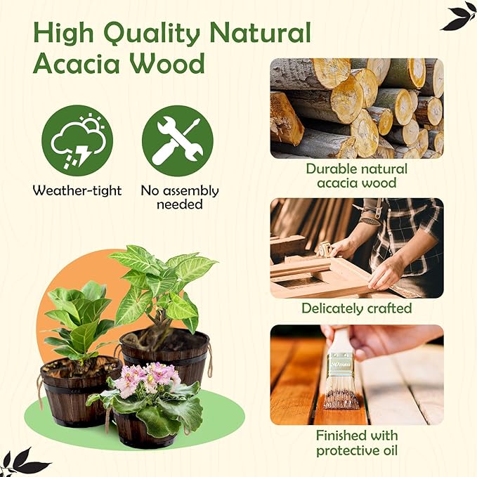 IDZO Set of 3 Wooden Flower Boxes Outdoor, Durable Acacia Wood Barrel Planters for Outdoor Plants with Ergonomic Handles, Drainage Holes, Multiple Sizes Wood Bucket Planter for Home Décor-VerdiqueGarden