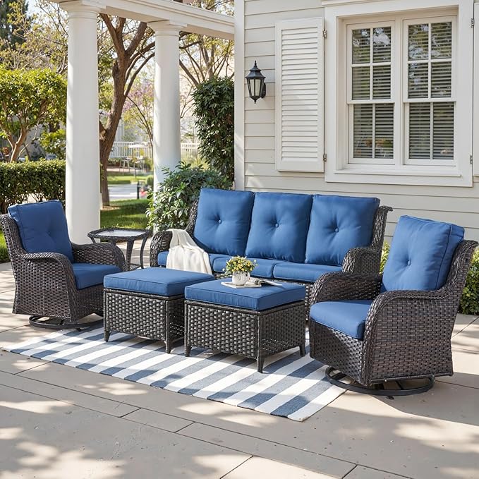 Outdoor Wicker Patio Furniture Set - 6 Piece Rattan Patio Conversation Set with 2 Rocking Swivel Chairs,2 Ottomans,1 Sofa and 1 Side Table for Porch Deck Backyard Garden(Brown/Blue)-VerdiqueGarden