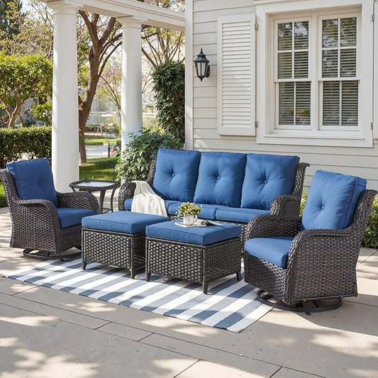 Outdoor Wicker Patio Furniture Set - 6 Piece Rattan Patio Conversation Set with 2 Rocking Swivel Chairs,2 Ottomans,1 Sofa and 1 Side Table for Porch Deck Backyard Garden(Brown/Blue)-VerdiqueGarden