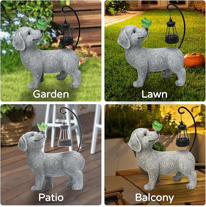 Solar Garden Outdoor Statues Dog with Butterfly Solar Lantern, Lawn Decor Puppy Figurine for Patio Balcony Yard, Yard Unique Christmas Birthdays Gift for Mom Grandma-VerdiqueGarden