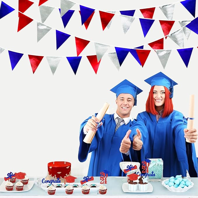 Red Blue Silver Party Decorations Metallic Fabric Triangle Pennant Banner Flag Bunting Garland for Graduations 4th of July American USA National Day Patriotic Veterans Birthday Outdoor Party Supplies-VerdiqueGarden