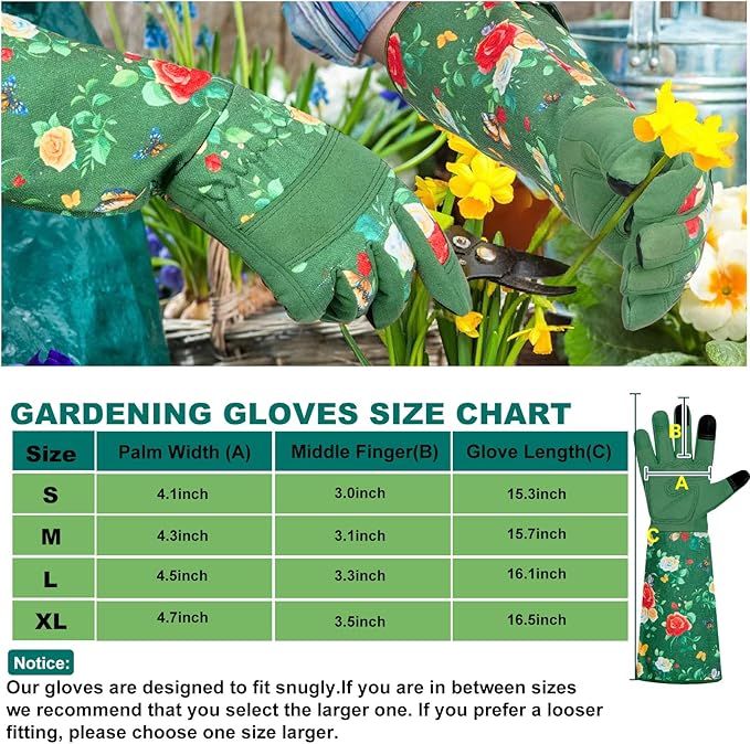 DLY Gardening Gloves,Leather Rose Gloves,Women's Long Glove for Gardening Work and Yard Work,Durable and Comfortable(Small, Green-VerdiqueGarden