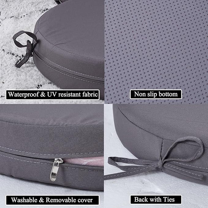 15 x 15 Inch Round Cushions for Outdoor Furniture Non-Slip Waterproof Patio Bistro Chair Cushion with Ties Bar Stool Seat Cushion for Kitchen Chairs Set of 4, Dark Gray-VerdiqueGarden