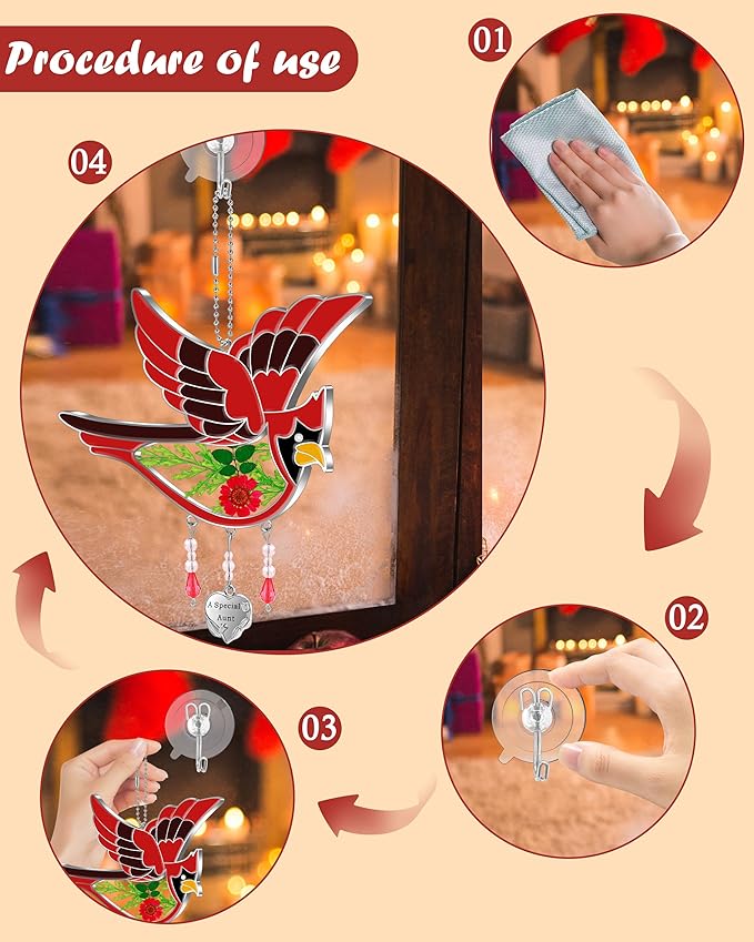 KY&BOSAM Cardinal Suncatcher A Special Aunt Had-Painted with Pressed Real Flower Wings Mother's Day Glass Hanging for Window Ornament with Metal Heart Charm Birthday Gift for Women Unique-VerdiqueGarden