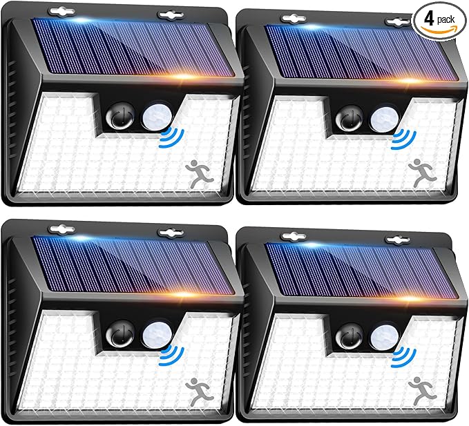 Peasur Solar Lights Outdoor Waterproof, 4 Pack 140LED Motion Sensor Light, 3 Modes Solar Powered Fence Security Lights for Patio Step Deck House Outside(Cool White)-VerdiqueGarden