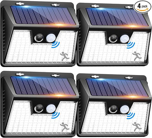 Peasur Solar Lights Outdoor Waterproof, 4 Pack 140LED Motion Sensor Light, 3 Modes Solar Powered Fence Security Lights for Patio Step Deck House Outside(Cool White)-VerdiqueGarden
