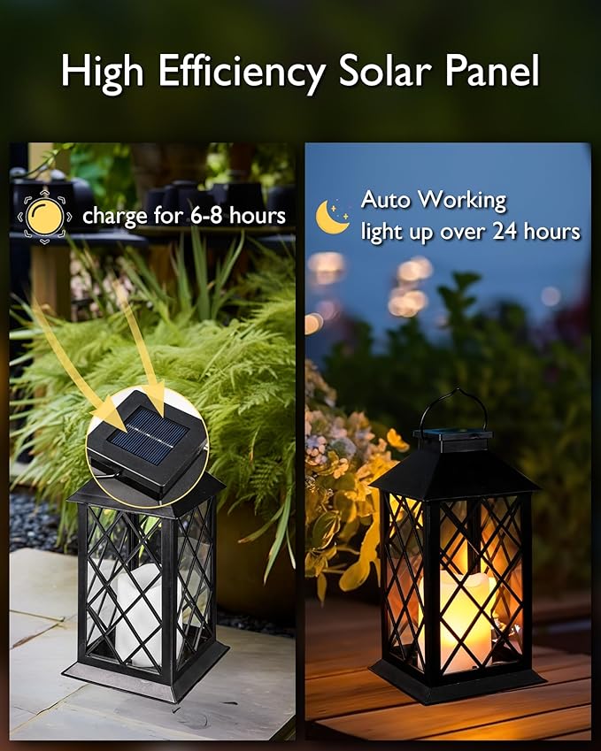 Homemory Solar Lanterns Outdoor Waterproof Hanging with Flickering Flameless Candles, 2 Pack 13'' Garden Outdoor Lantern Decorative for Patio Front Porch Backyard Balcony Cabin Outside Table(Black)-VerdiqueGarden