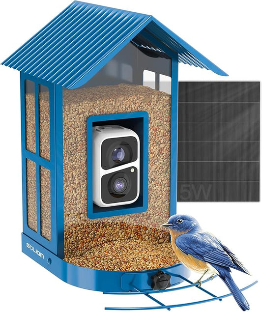 Bird Feeder with Camera with AI Identify Species, Wild Bird Watching, 2K Live View, Instant Arrival Alerts with 5W Solar Powered-Soliom BF08 Metal Blue-VerdiqueGarden