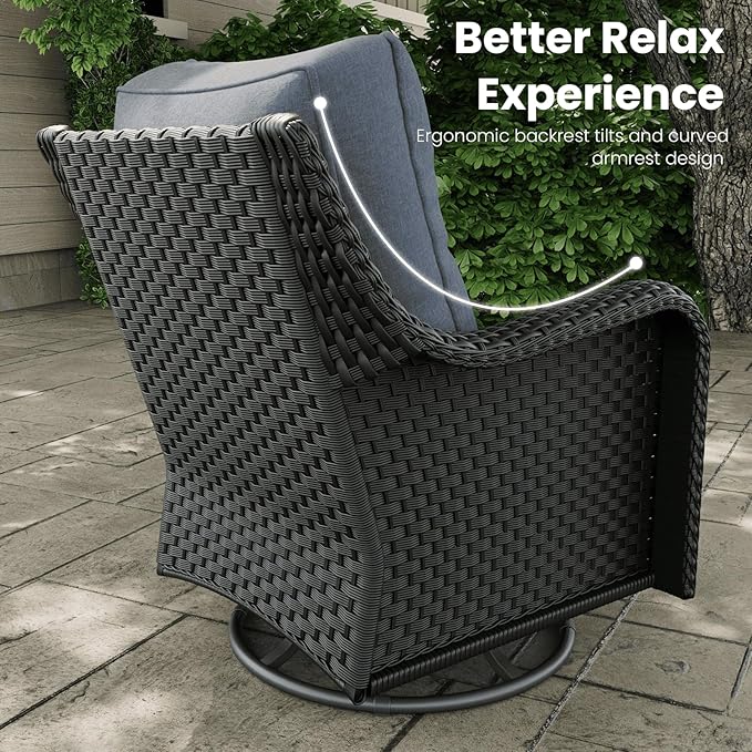 5 Pieces Outdoor Patio Furniture Sets with Rocking Swivel Chairs with 6-inch Thick Cushion and Fire Pit Table for Deck Lawn-VerdiqueGarden