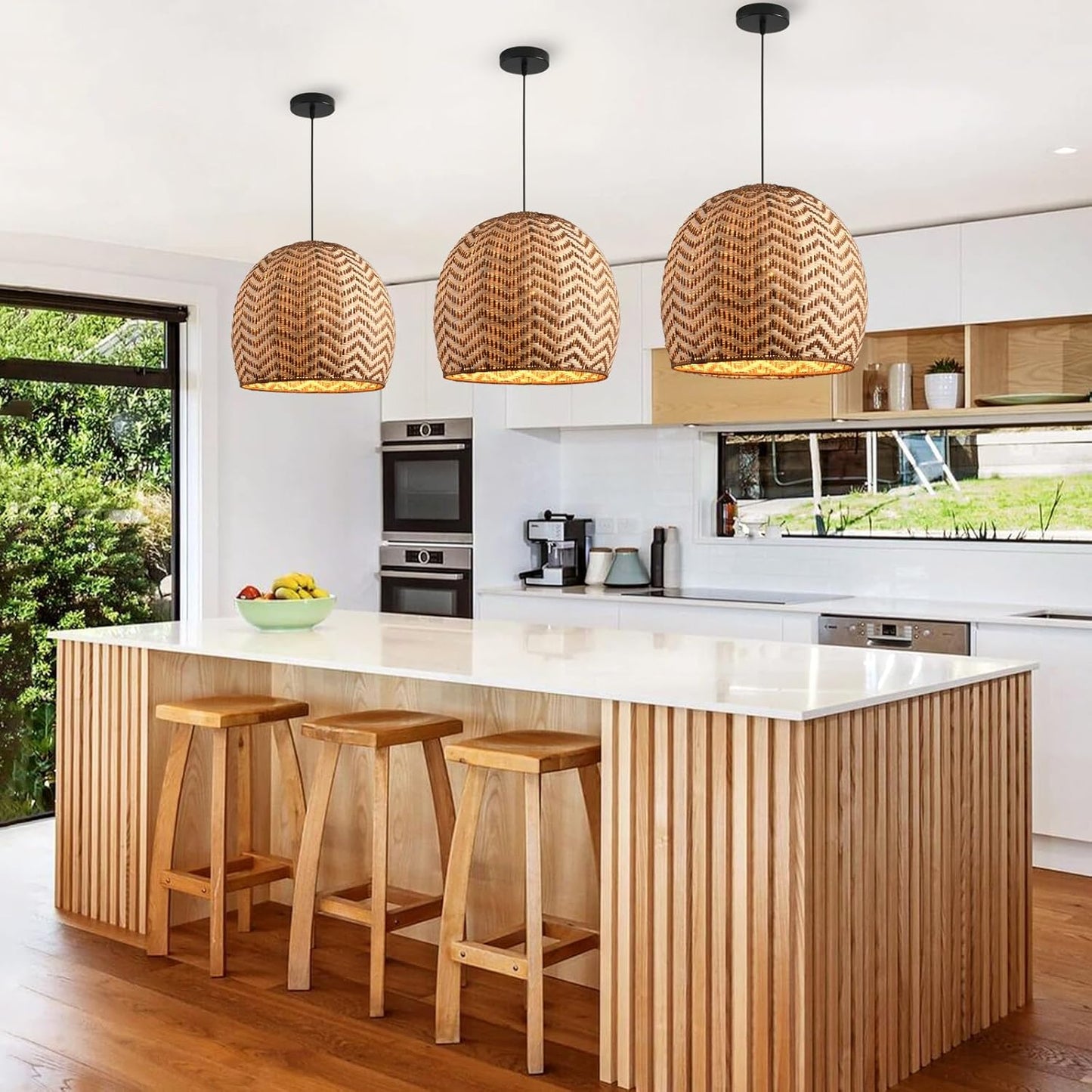 13.77" Rattan Pendant Light 1-Pack Rustic Curry Rattan Hanging Light Hand-Woven Wicker Chandelier for Dining Living Bedroom Kitchen Farmhouse-VerdiqueGarden