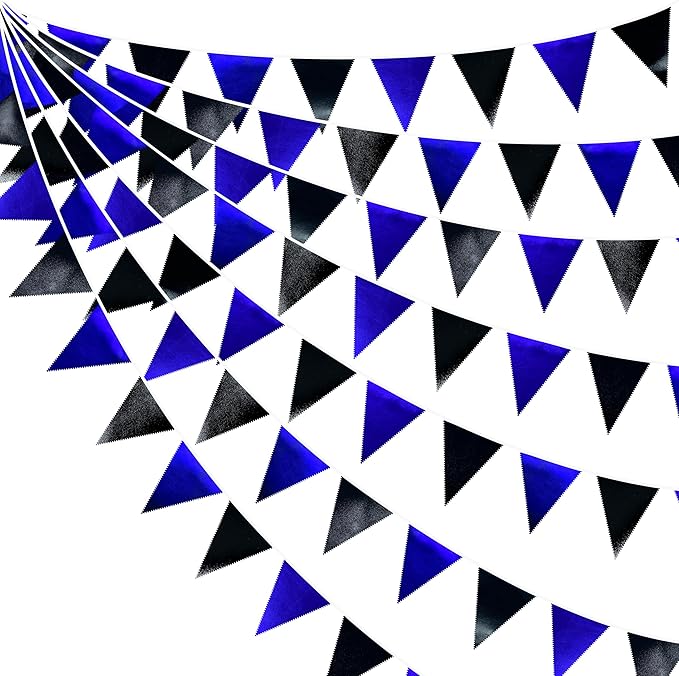 Royal Blue Black Party Decorations Navy Black Metallic Fabric Triangle Pennant Banner Flag Bunting Garland for Graduations Birthday Retirement Wedding Bachelorette Nautical Outdoor Party Supplies-VerdiqueGarden