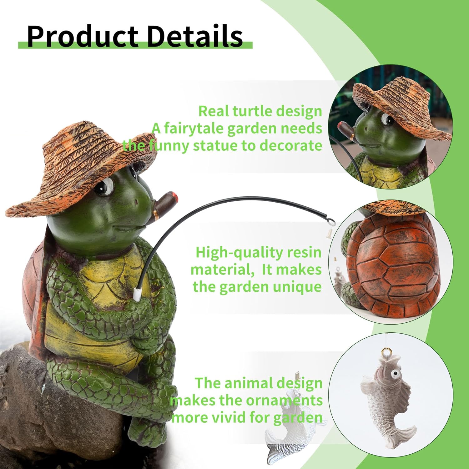 9.5" Turtle Fishing Statues- Whimsical Stone Look Lawn Yard Art, Funny Garden Pond Fisherman Sculpture, Resin Animal Decor, Ideal for Garden Enthusiasts & Turtle Fishing Lovers-VerdiqueGarden