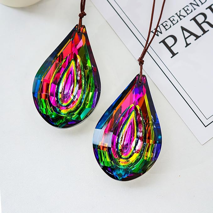 HDCRYSTALGIFTS Set 2 Crystal Prisms Suncatchers for Windows,76mm Rainbow Sun Catcher Glass Hanging Prisms Suncatcher Pendant for Home Garden Decor (Single Face Colorful)-VerdiqueGarden