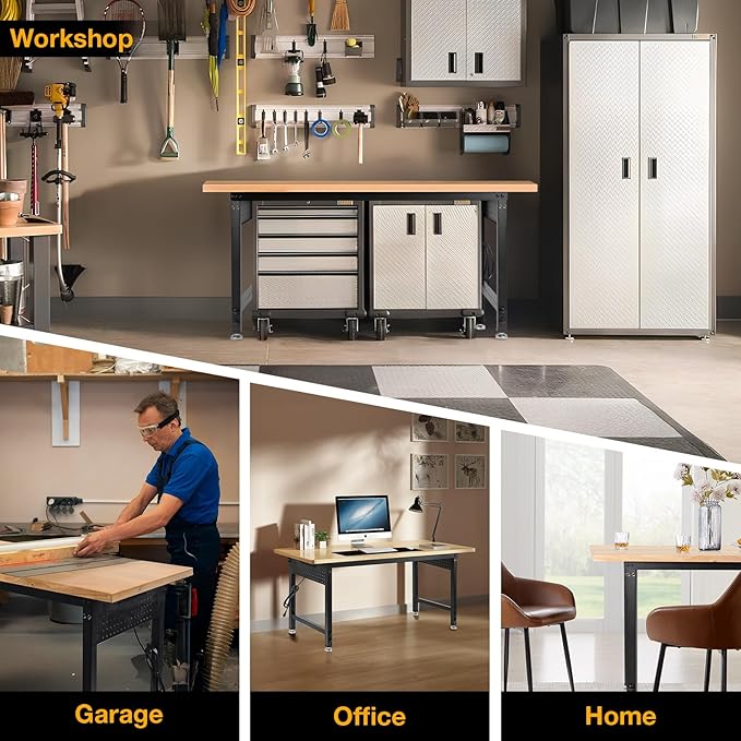 Height Adjustable Workbench Heavy Duty Work Table 2000 LBS Load Capacity 60”×22” Rubber Wood Work Station with Power Outlet & Pegboard for Garage, Workshop, Office,Party Shop, Home-VerdiqueGarden