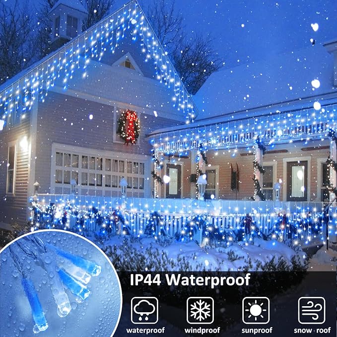 Icicle Lights for Outside, 33FT 400 LED Christmas Lights Outdoor with Waterproof 8 Modes, Plug in Connectable String Twinkle Light for Indoor Home Roof Window Garden Wedding Decorations, Blue White-VerdiqueGarden