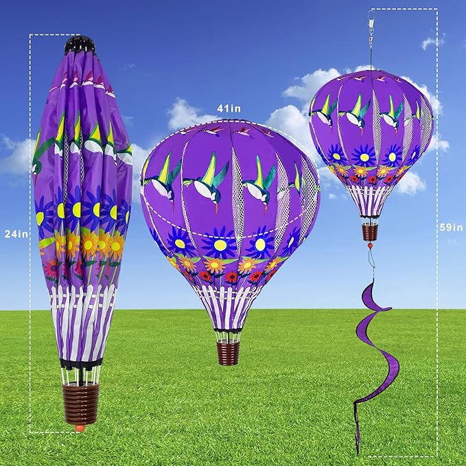2 PCS Gaint Hot Air Balloon Wind Spinners 59 inch Garden Wind Spinner Large Hummingbird Ladybug Spinners Hanging Wind Socks Twisted Whirlygig Windmill for Yard Garden Lawn Outdoor Decorations-VerdiqueGarden
