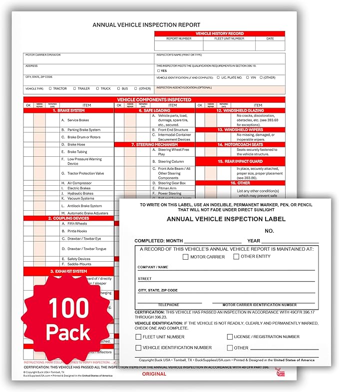 100 Pack 3-Ply Carbonless Annual Vehicle Inspection Report Forms with FMCSA 2-Ply Mylar Laminate Adhesive Vinyl Labels, DOT Inspection Forms and Stickers, Shrink-Wrapped, 8.5" x 11.75" - Made in USA-VerdiqueGarden