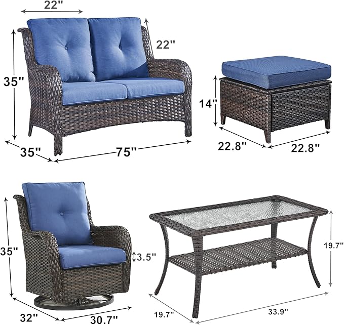 Outdoor Wicker Patio Furniture Set - 6 Piece Rattan Patio Conversation Set with 2 Rocking Swivel Chairs,2 Ottomans,1 Loveseat and 1 Coffee Table for Porch Deck Backyard Garden(Brown/Blue)-VerdiqueGarden
