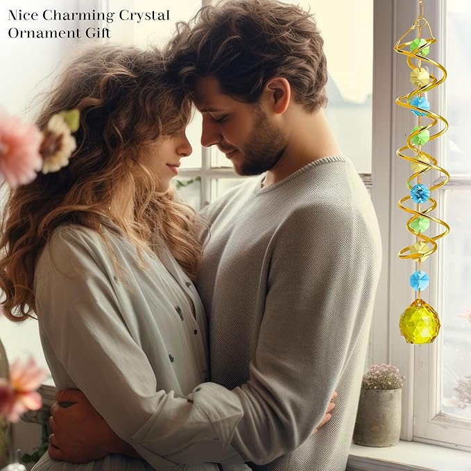 H&D HYALINE & DORA Glass Gazing Ball Spiral Tail Decorative Sun Catcher,17.7in Rainbow Maker Double-Spiral W/Yellow Crystal Ball Prism Sun Catcher for Indoor Outdoor Garden Decoration-VerdiqueGarden