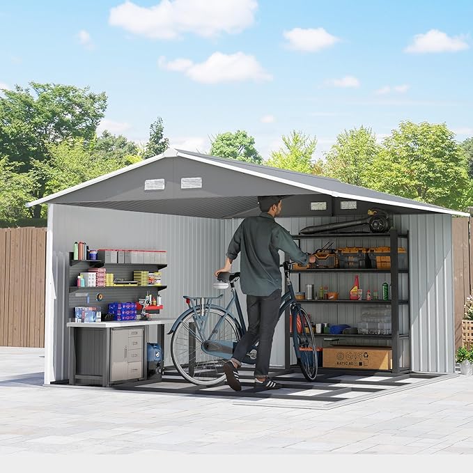 Outsunny 11' x 9' Outdoor Storage Shed, Garden Tool Metal Shed with Foundation Kit, Double Lockable Door, Air Vents and Sloping Roof, for Backyard, Patio, Lawn, Gray-VerdiqueGarden
