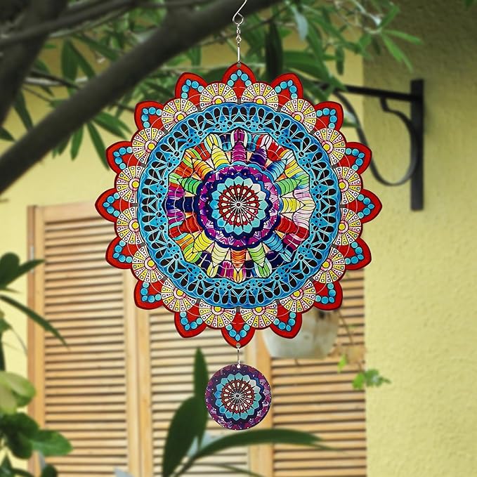 TUOKING Mandala Wind Spinners Outdoor Metal 3D Hanging Art Wind Spinner 12 Inch Stainless Steel for Yard and Garden Decoration Worth Gift for Women-VerdiqueGarden