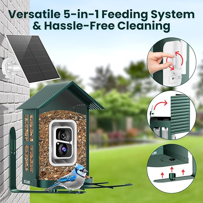SOLIOM Solar Bird Feeder with Camera for Outdoors - AI Smart Birdhouse, 2K Live View & Instant Alerts, Squirrel Proof - Perfect Bird Watching Gift (Green)-VerdiqueGarden