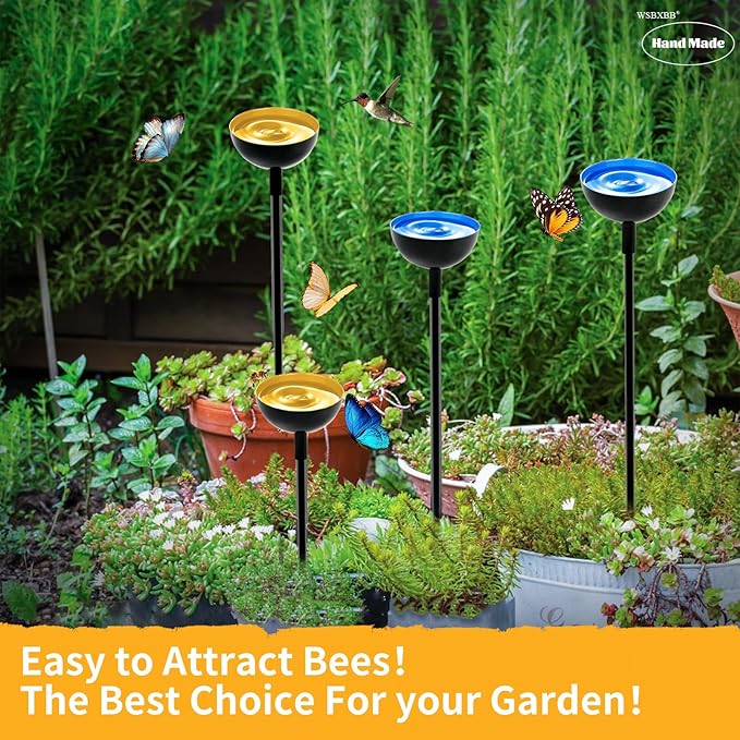 2 Pack Bee Cups For Garden, Bee Waterer And Butterfly Water Stations, Bee Water Catcher Cups For Thirsty Pollinators, Bee Bath, Colorful Metal Garden Sculpture Stakes Decor, Bee Houses For The Garden-VerdiqueGarden