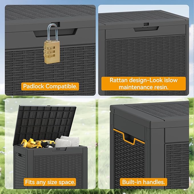 KAMABOKO 31 Gallon Outdoor Storage Box, Resin Deck Boxes Indoor and outdoor, Waterproof Storage Box Lockable Lid for Garden Tools, Package Delivery, Pool Supplies, Patio Cushions, Black-VerdiqueGarden