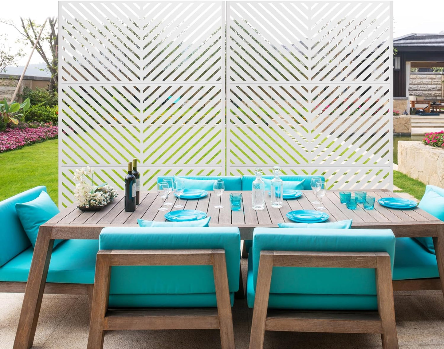 Metal Privacy Screen Outdoor 72" H×47" W,Freestanding Decorative Privacy Screen for Balcony Yard&Garden, Privacy Fence-White&Arrow-VerdiqueGarden