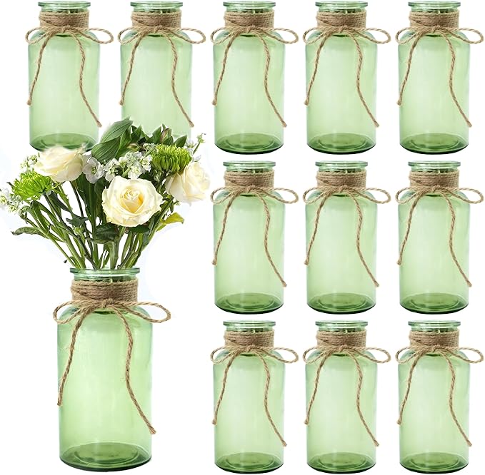 Vintage Glass Flower Vase，12 Pack Green Farmhouse Glass Centerpiece Vases Mason Jars for Weddings, Parties & Home Decor Bulk (12, Green)-VerdiqueGarden