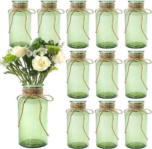 Vintage Glass Flower Vase，12 Pack Green Farmhouse Glass Centerpiece Vases Mason Jars for Weddings, Parties & Home Decor Bulk (12, Green)-VerdiqueGarden