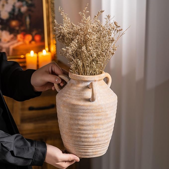Vintage Terracotta Ceramic Vase with Handles, Rustic Beige Pottery Tulip Vase for Cottage Core Home Mantle Decor, Farmhouse Table Centerpieces, Large Bulk Flower Vases Jarrones Decorativos para Sala-VerdiqueGarden