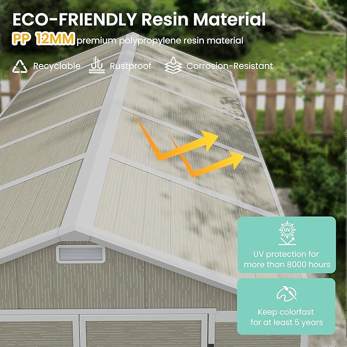 UDPATIO Outdoor Storage Shed 7.5x10.7 FT, Plastic Garden Shed for Bike, Garbage Can, Tool, Outside Sheds & Outdoor Resin Shed with Lockable Door for Backyard, Patio, Lawn, Standstone-VerdiqueGarden