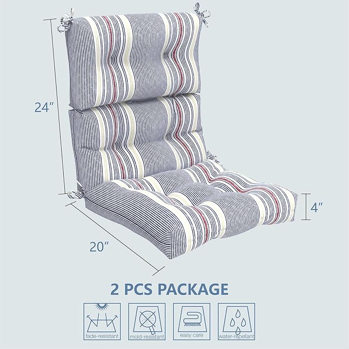 LVTXIII Outdoor Tufted High Back Cushions Set of 2 Patio Seasonal Replacement Rocking Chair Cushion with Ties, Solid Seat and Back Chair Cushion, (44” L x 22W”, Stripe Denim Blue)-VerdiqueGarden