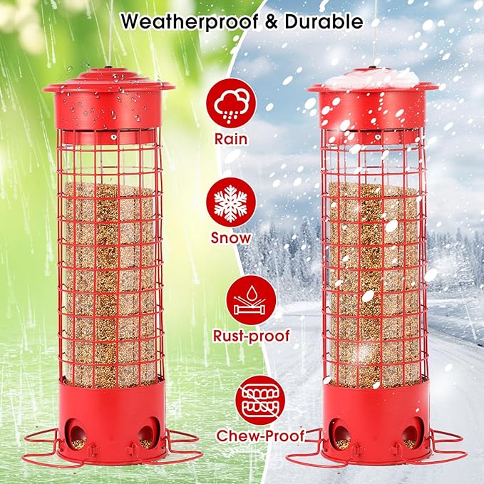 Squirrel Proof Bird Feeder for Outdoors, Weatherproof Metal Feeder, 4.5 lb Large Capacity, Weight-Activated Perches, Hanging Feeder for Cardinals, Finches, Wild Birds, Red-VerdiqueGarden