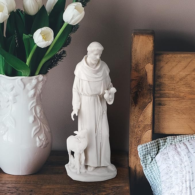 Design Toscano Francis of Assisi, Patron of Animals Religious Statue Figurine, 11 inches tall, Cast Marble Resin, White Finish-VerdiqueGarden