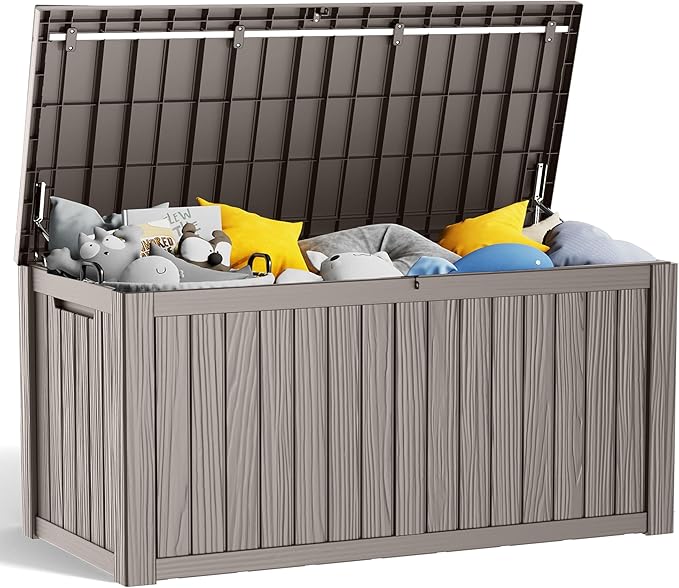 150 Gallon Resin Deck Box, Lockable Patio Outdoor Storage Box for Furniture, Garden Tools and Tools Storage, Waterproof Outside Storage Boxes - Grey-VerdiqueGarden