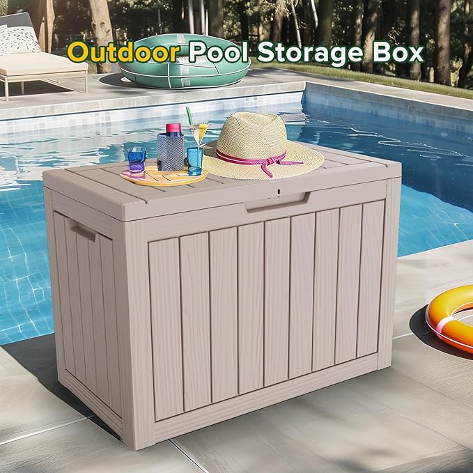 45 Gallon Outdoor Storage Box Waterproof Lockable Resin Deck Box Large, Patio Storage Bin for Pool Accessories Cushion Furniture, Garden Tools, UV-Resistant Outside Delivery Light Coffee-VerdiqueGarden