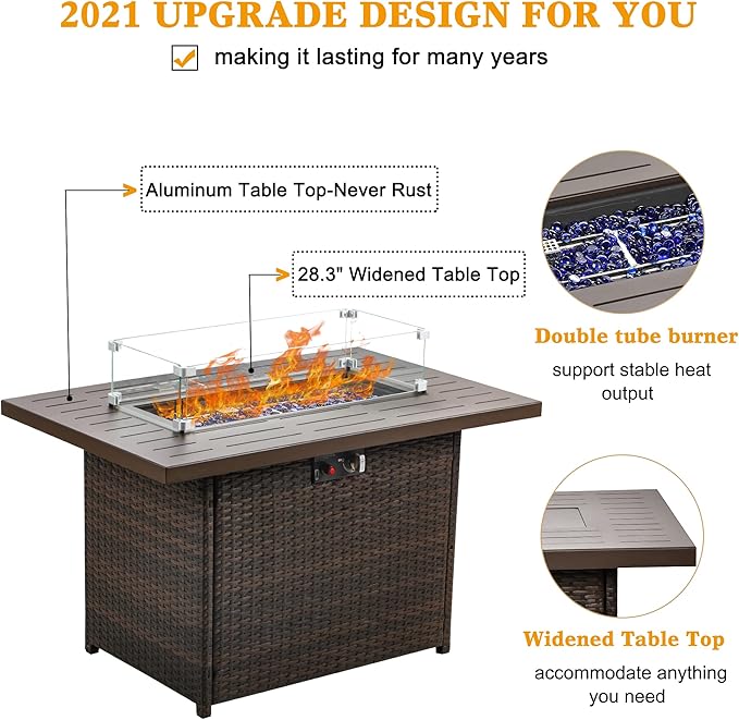 LayinSun 44" Propane Gas Fire Pit Table, 55000 BTU Rectangular Fire Pit with Glass Wind Guard for Outside Patio Deck Garden Backyard Brown-Aluminum Top-VerdiqueGarden