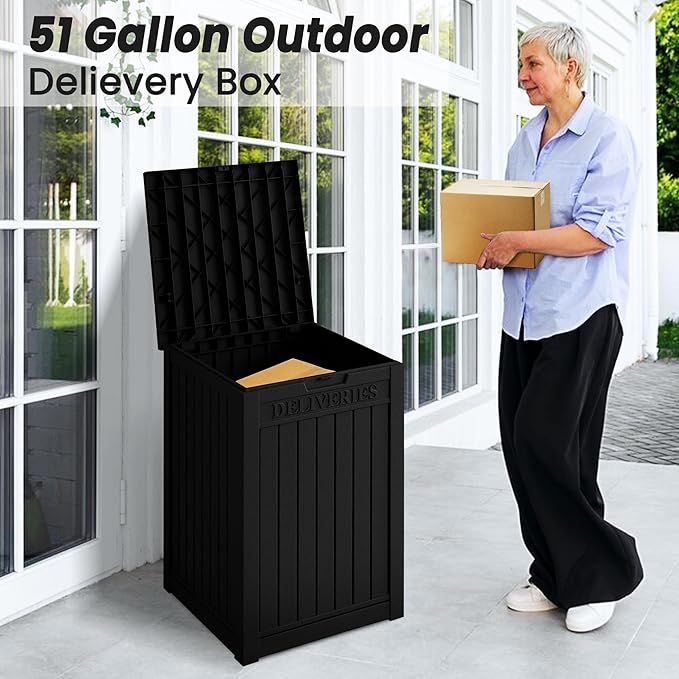 55 Gallon Plus Lockable Resin Deck Box, Waterproof Outdoor Storage Box for Patio Furniture, Garden Tools, Pool Accessories, UV-Resistant Outside Delivery, Black-VerdiqueGarden