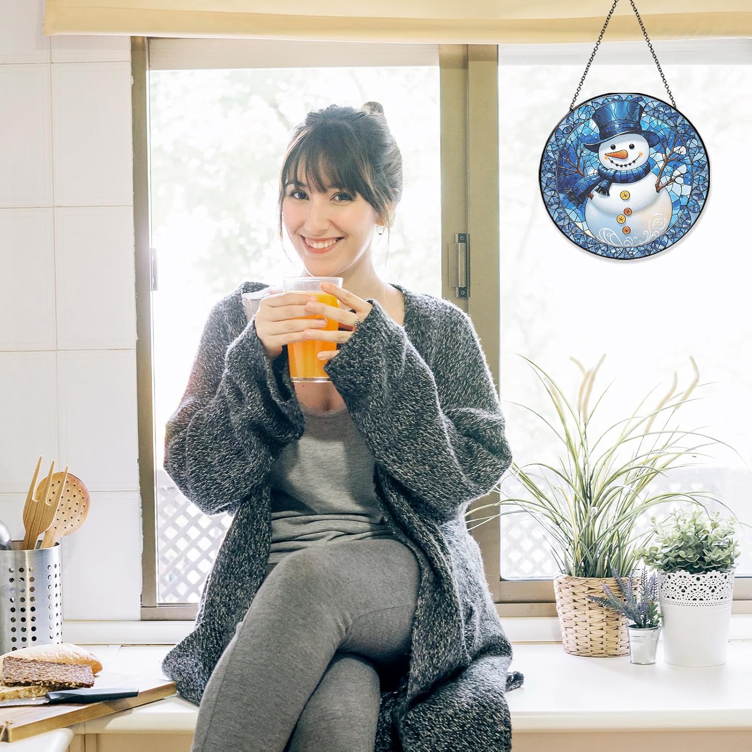 Stained Glass Window Hanging - Winter Snowman Suncatcher for Windows Hanging Whimsical Light Catcher Home Decor Terrace Garden Sun Catcher Gifts for Women Wife Mom Sister Nana 7.8 in-VerdiqueGarden