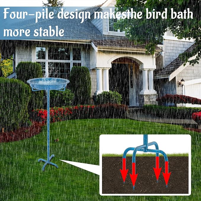 Metal Bird Bath for Outside, 36.2" Height Birdbath Bowl Standing Bird Feeders for Outdoors with 4 Prongs Base Stake, Freestanding Birdfeeders for Garden Yard Lawn Decor (Retro Blue)-VerdiqueGarden